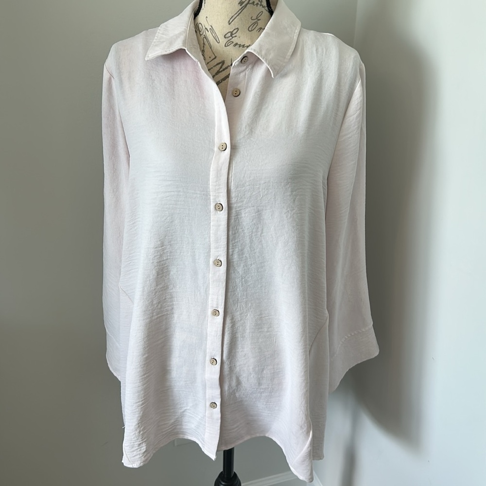 Blush Pink Button Down Blouse Collared Wide Long Sleeve Soft Textured Fabric XL
